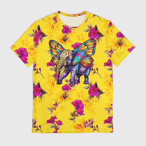 Мужская футболка Слон с крыльями бабочки на цветочном фоне / 3D-принт – фото 1