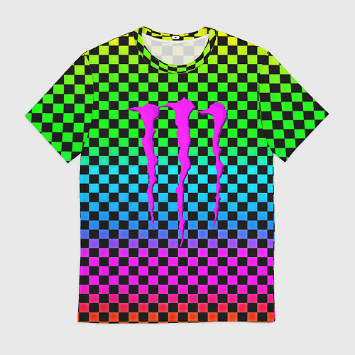 Мужская футболка Monster energy неоновая клетка / 3D-принт – фото 1