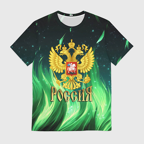 Мужская футболка Россия на фоне зеленого огня / 3D-принт – фото 1