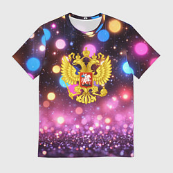 Мужская футболка Герб России на фоне бокке