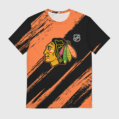 Мужская футболка Чикаго Блэкхокс - фон с оранжевыми потертостами / 3D-принт – фото 1