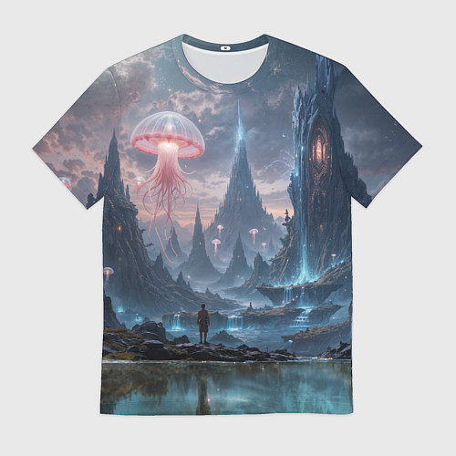 Мужская футболка Фантастический мир с медузами и озеро у гор / 3D-принт – фото 1