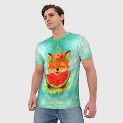 Футболка мужская Веселая лисичка ест арбуз, цвет: 3D-принт — фото 2
