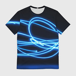 Мужская футболка Неоновые голубые волны на черном фоне