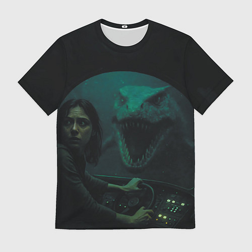 Мужская футболка Тилозавр нападает на батискаф с девушкой ужасы / 3D-принт – фото 1