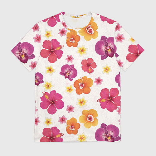 Мужская футболка Тропический букет - узор с яркими гибискусами и ор / 3D-принт – фото 1