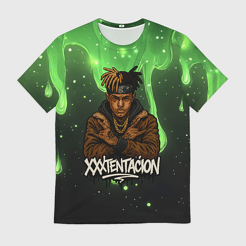 Мужская футболка XXXTentacion на фоне зеленой краски / 3D-принт – фото 1