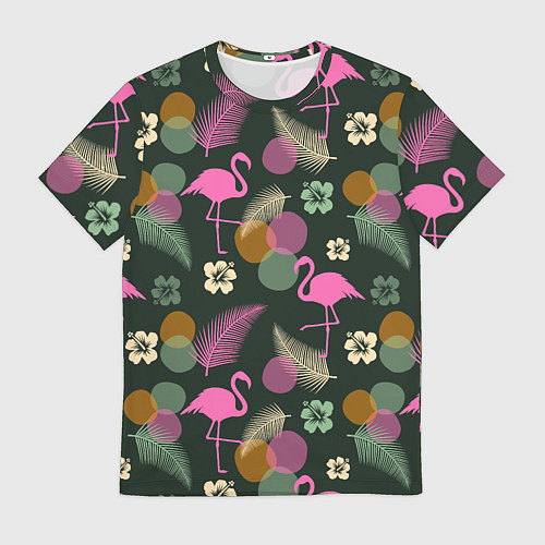 Мужская футболка Фламинго и листья на темно-зеленом / 3D-принт – фото 1