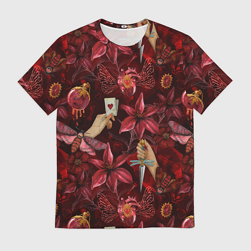 Мужская футболка Бордовая готика с сердцем, лилиями и мотыльками / 3D-принт – фото 1