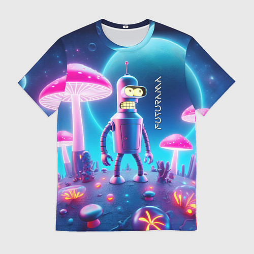 Мужская футболка Робот-сгибальщик Бендер и неоновые грибы / 3D-принт – фото 1