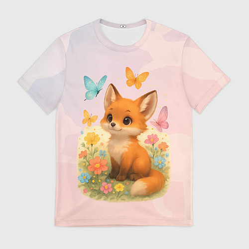 Мужская футболка Лисичка с бабочками и цветочками / 3D-принт – фото 1