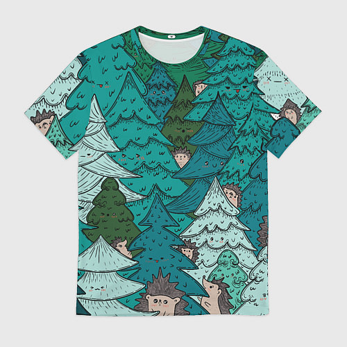 Мужская футболка Ежи в еловом лесу / 3D-принт – фото 1