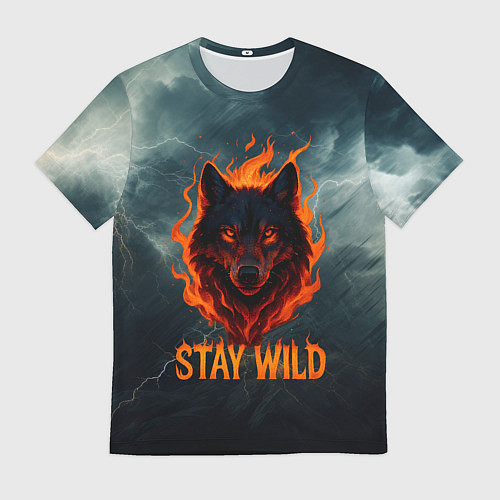 Мужская футболка Stay wild волк в огне / 3D-принт – фото 1
