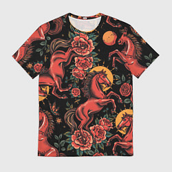 Мужская футболка Красная лошадь с розами