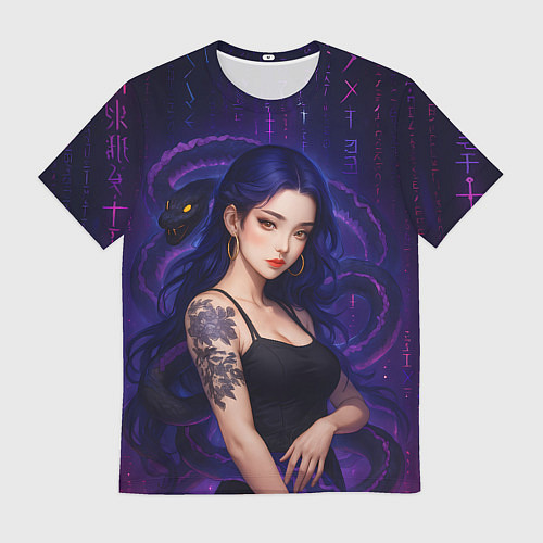 Мужская футболка Девушка с тату на руке и пурпурная змея / 3D-принт – фото 1
