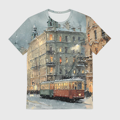 Мужская футболка Трамваи в зимнем Санкт-Петербурге / 3D-принт – фото 1