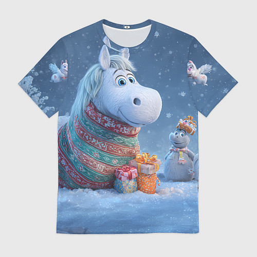 Мужская футболка Новогодняя лошадь с подарками / 3D-принт – фото 1