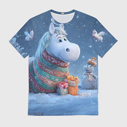 Футболка мужская Новогодняя лошадь с подарками, цвет: 3D-принт