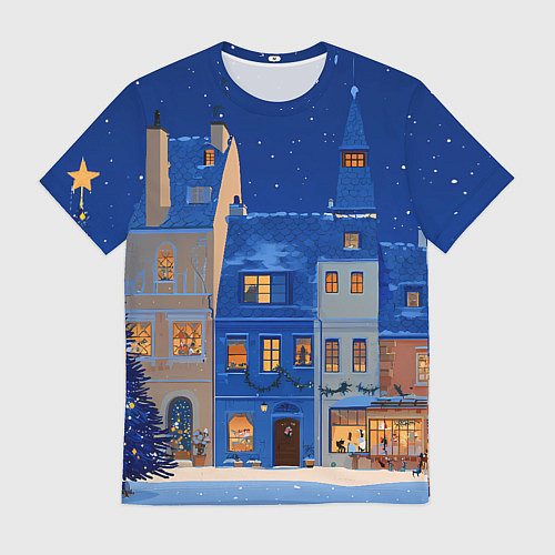 Мужская футболка Синяя новогодняя елочка во дворе / 3D-принт – фото 1