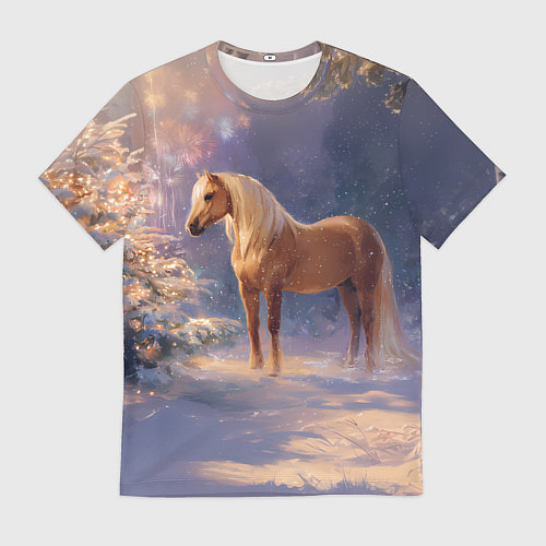 Мужская футболка Лошадка в новогоднем лесу / 3D-принт – фото 1