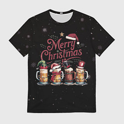 Мужская футболка Кружки пива в новогодних шапках