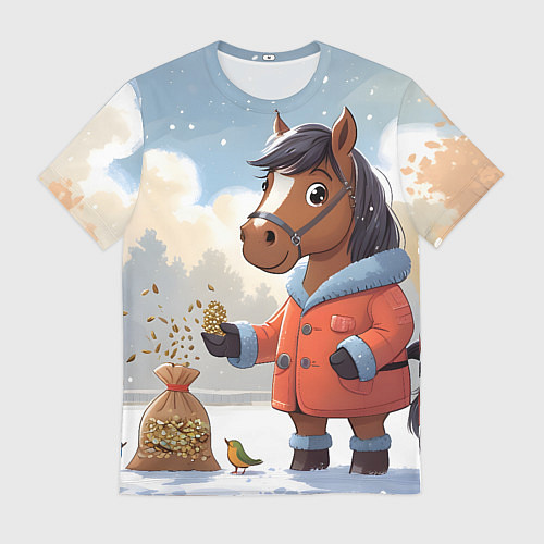 Мужская футболка Лошадка на зимней прогулке / 3D-принт – фото 1