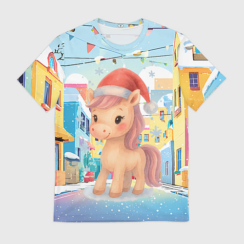 Мужская футболка Лошадка с новогоднем венком / 3D-принт – фото 1