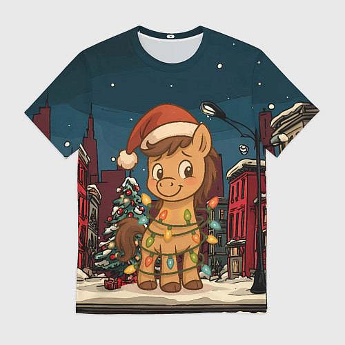 Мужская футболка Лошадка в новогодней гирлянде / 3D-принт – фото 1