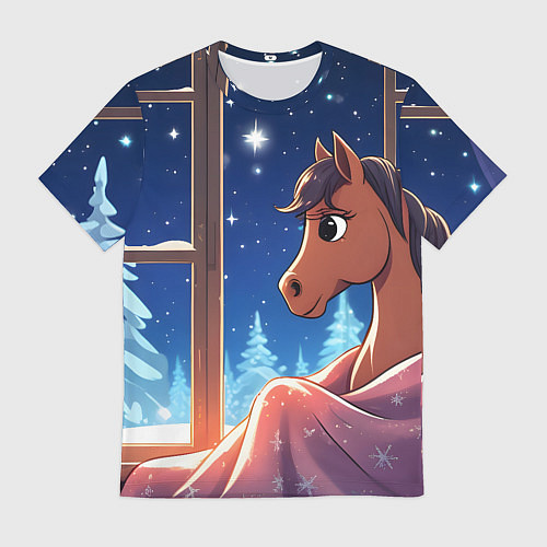 Мужская футболка Лошадка зимней звездной ночью / 3D-принт – фото 1