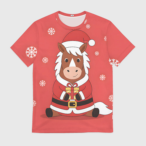 Мужская футболка Новогодняя лошадка с подарком / 3D-принт – фото 1
