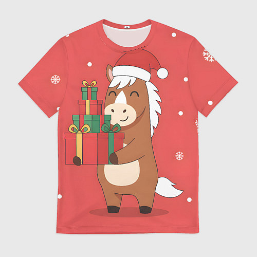 Мужская футболка Новогодняя лошадка с подарками / 3D-принт – фото 1