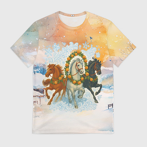 Мужская футболка Новогодняя тройка лошадей с мандаринами / 3D-принт – фото 1