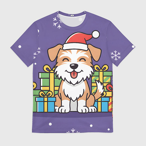 Мужская футболка Новогодняя собачка с подарками / 3D-принт – фото 1