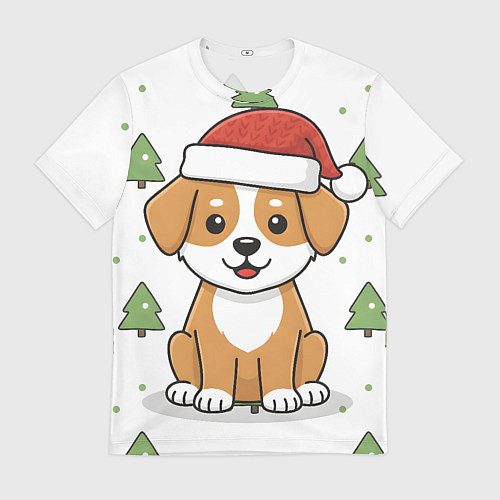 Мужская футболка Новогодняя собачка в шапочке / 3D-принт – фото 1