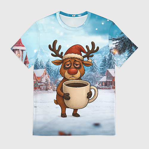 Мужская футболка Уставший новогодний олень с кофе / 3D-принт – фото 1