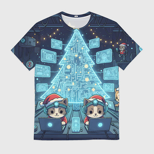 Мужская футболка Новогодние котики айтишники / 3D-принт – фото 1