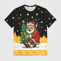 Футболка мужская Пьяный Санта с елкой и шампанским, цвет: 3D-принт