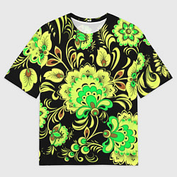 Футболка оверсайз мужская Хохлома: черный и салатовый, цвет: 3D-принт