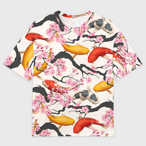 Мужская футболка оверсайз Карпы кои в сакуре / 3D-принт – фото 1
