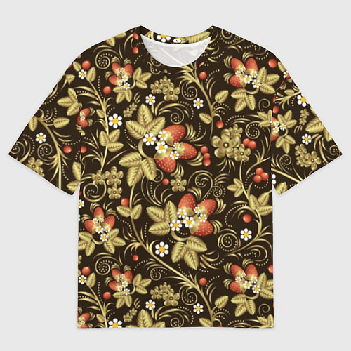 Мужская футболка оверсайз Хохлома роспись клубника / 3D-принт – фото 1
