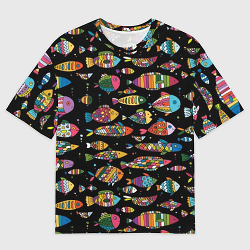 Мужская футболка оверсайз Разноцветные рыбы - черный фон / 3D-принт – фото 1
