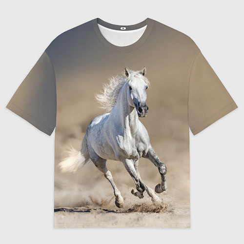 Мужская футболка оверсайз Белый конь - галоп / 3D-принт – фото 1