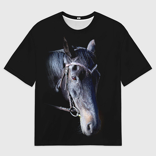 Мужская футболка оверсайз Конь вороной на черном / 3D-принт – фото 1