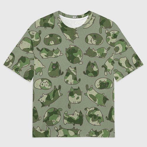 Мужская футболка оверсайз Камуфляж с котиками хаки / 3D-принт – фото 1