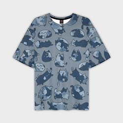 Мужская футболка оверсайз Камуфляж с котиками серо-голубой