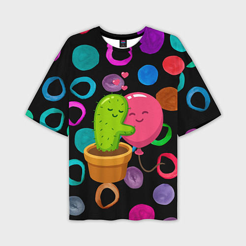 Мужская футболка оверсайз Влюбленные кактус и шарик / 3D-принт – фото 1