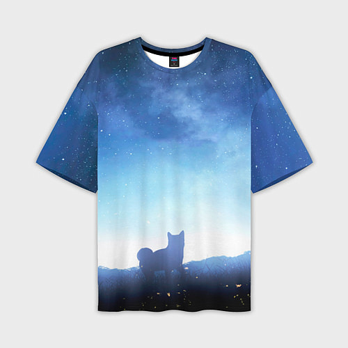 Мужская футболка оверсайз Силуэт корги ночь космос дымка / 3D-принт – фото 1