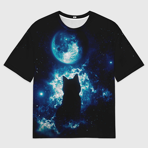 Мужская футболка оверсайз Кот силуэт луна ночь звезды / 3D-принт – фото 1