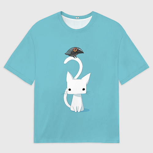 Мужская футболка оверсайз Белый котик и воробушек / 3D-принт – фото 1