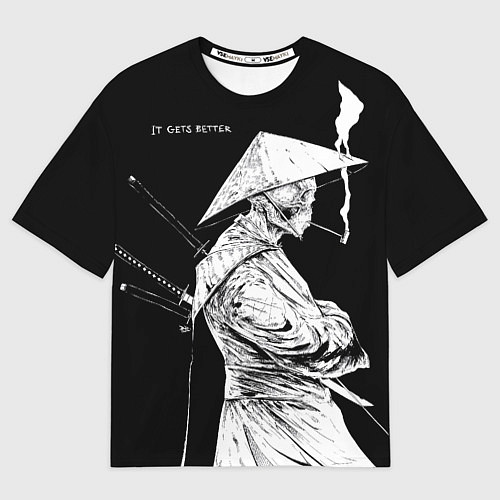 Мужская футболка оверсайз Самурай скелет с трубкой / 3D-принт – фото 1